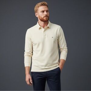 Tommy Hilfiger Men’s Long Sleeve Polo L-Off-White Cream Regular Fit Stretch